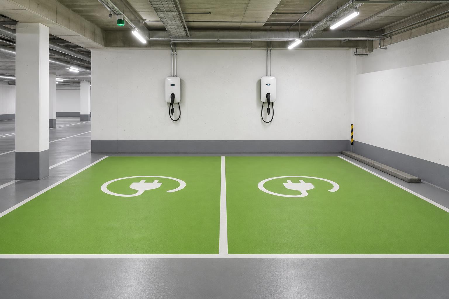 E-Mobility-Zone als Markierungskonzept in Tiefgarage mit Carpet-Markierung