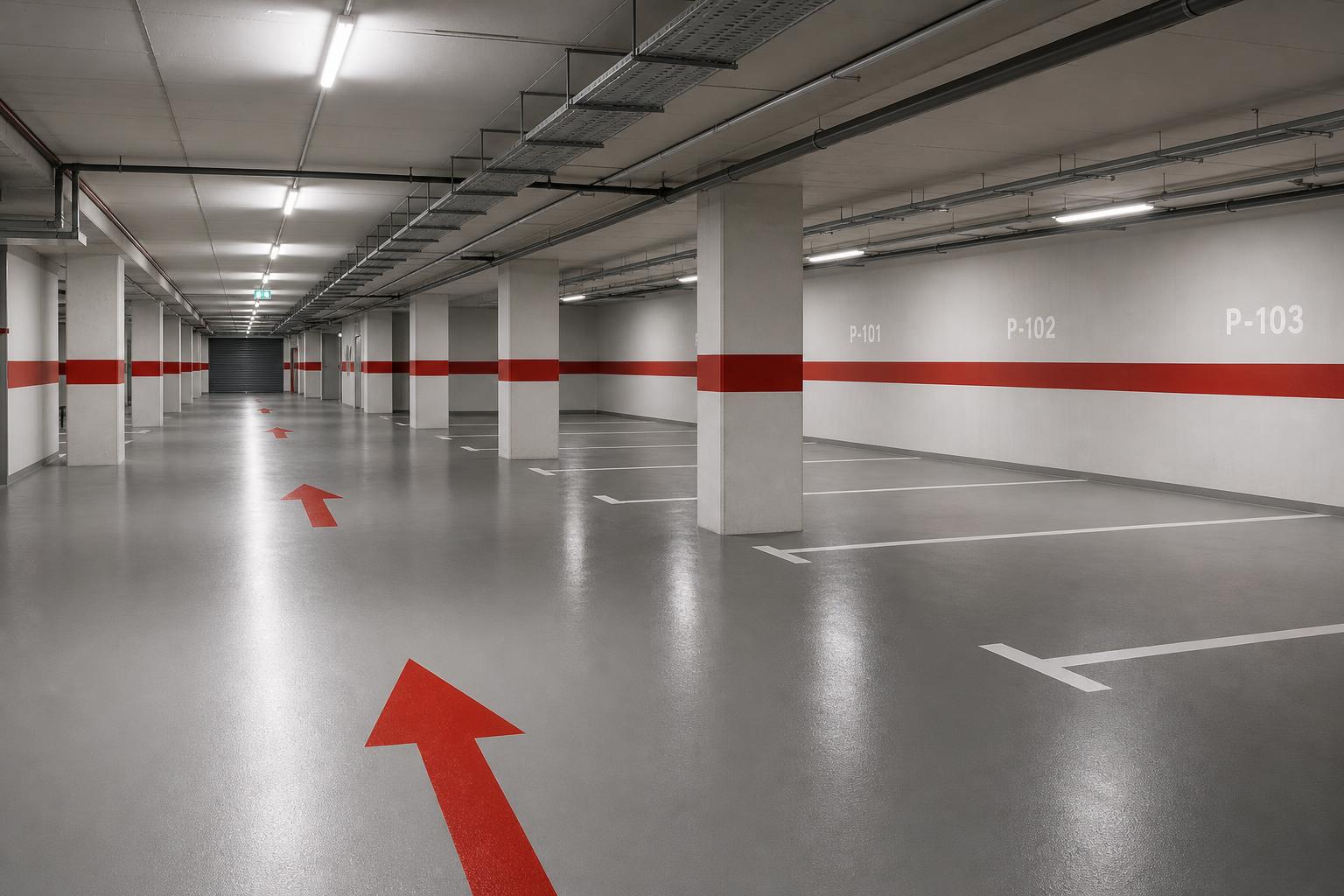 Tiefgarage Markierungskonzept mit Fahrpfeilen, Farbband und Wand-Stellplatznummerierung