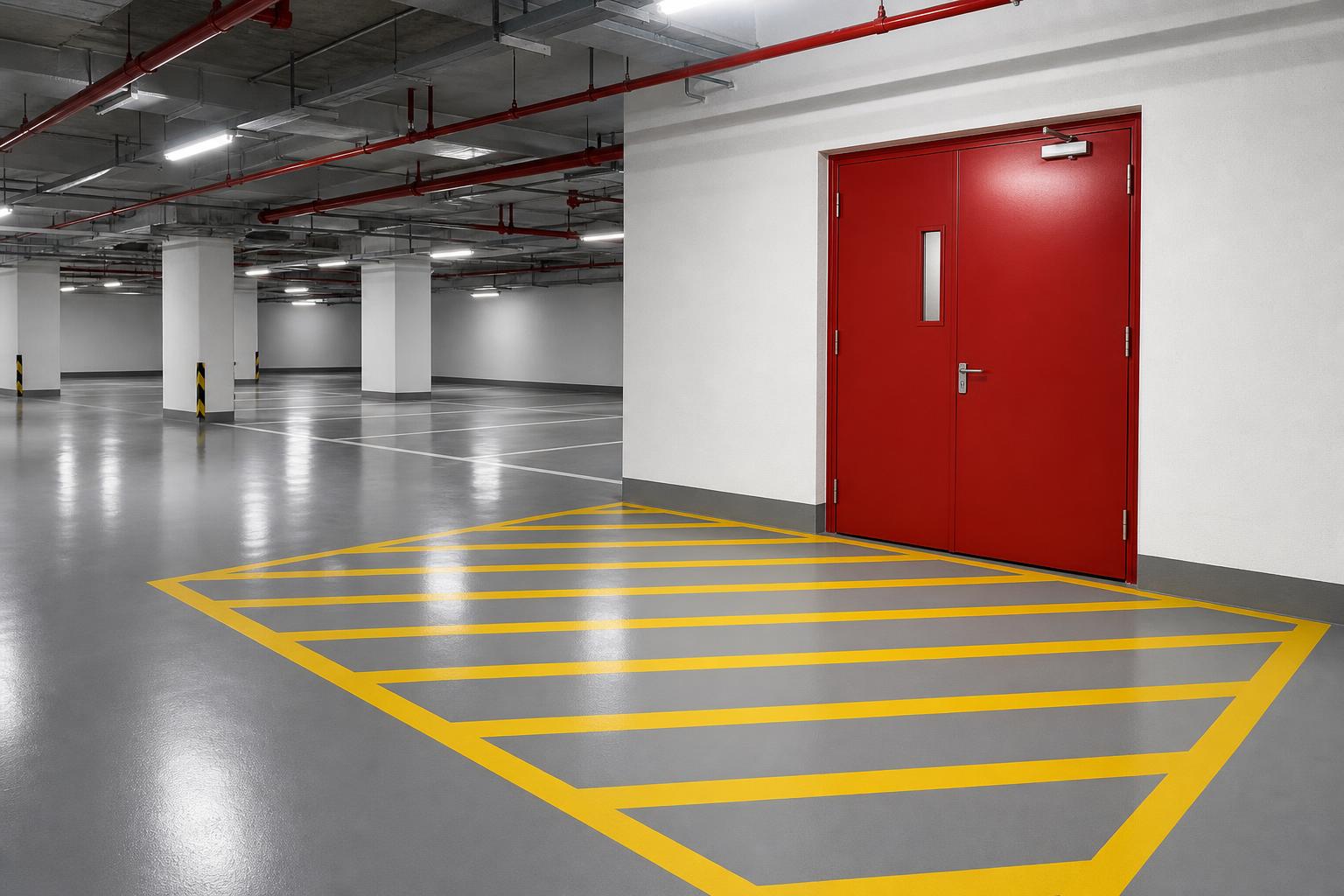 Sperrflächen-Schraffur in Verkehrsgelb als Bodenmarkierung im Parkhaus